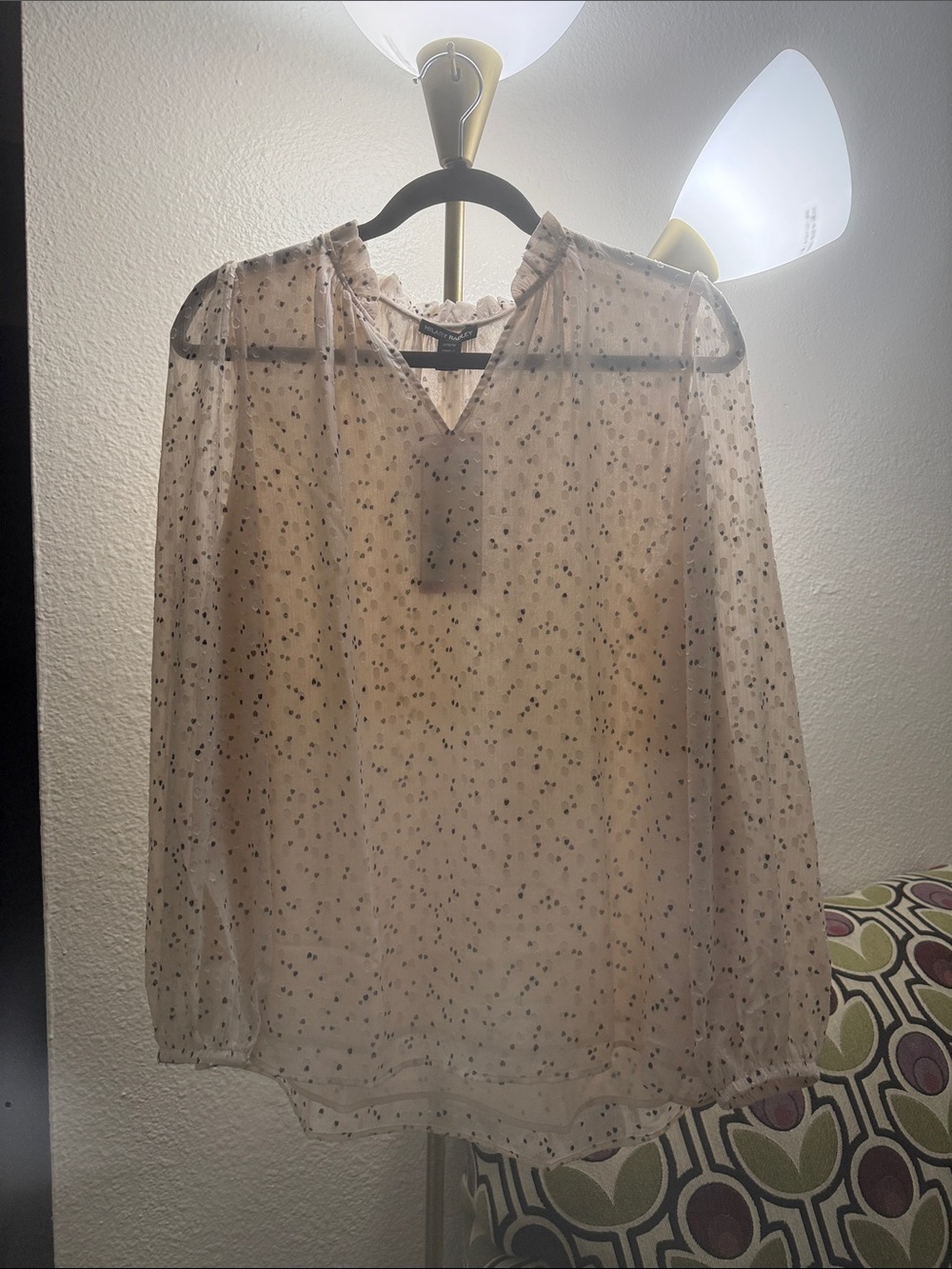 Sheer Cream Polka Dot Long-Sleeve Blouse